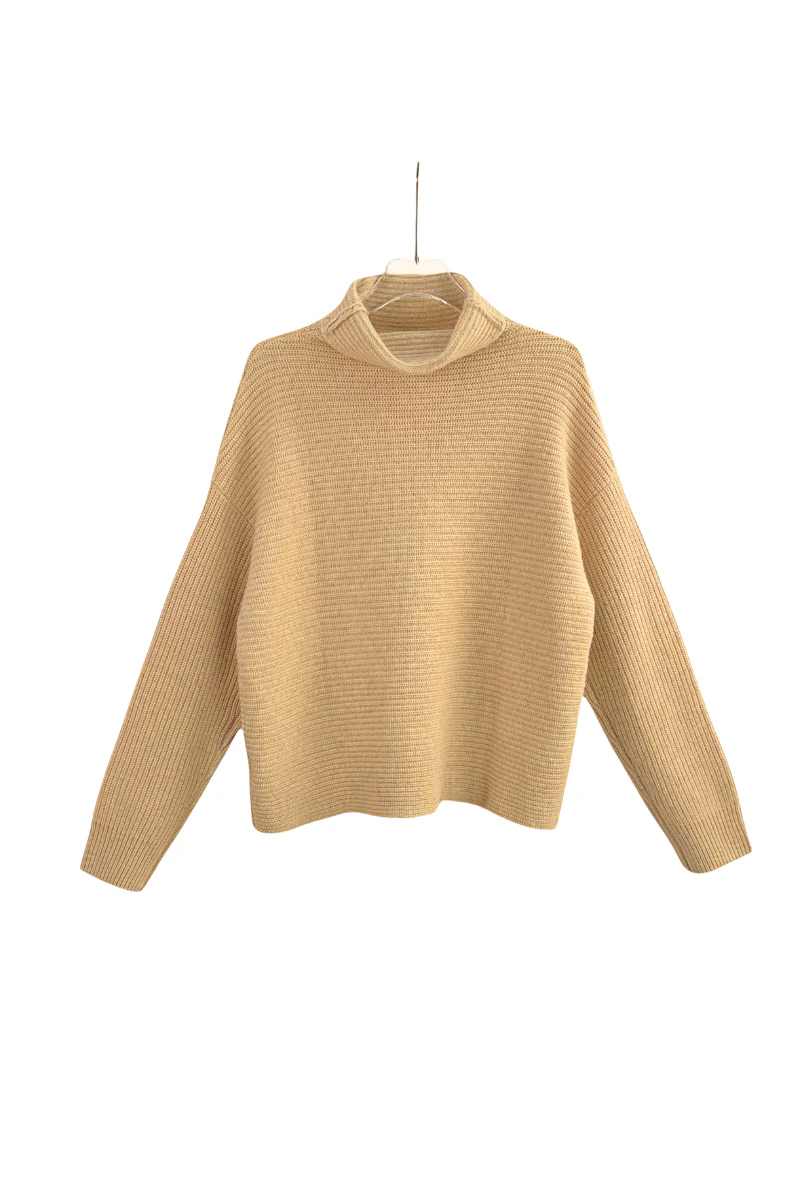 Max Simple Slouchy Roll Neck Ribbed Sweater Almond