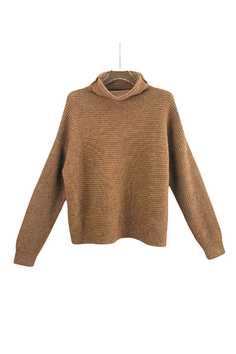 Max Simple Slouchy Roll Neck Ribbed Sweater Brown