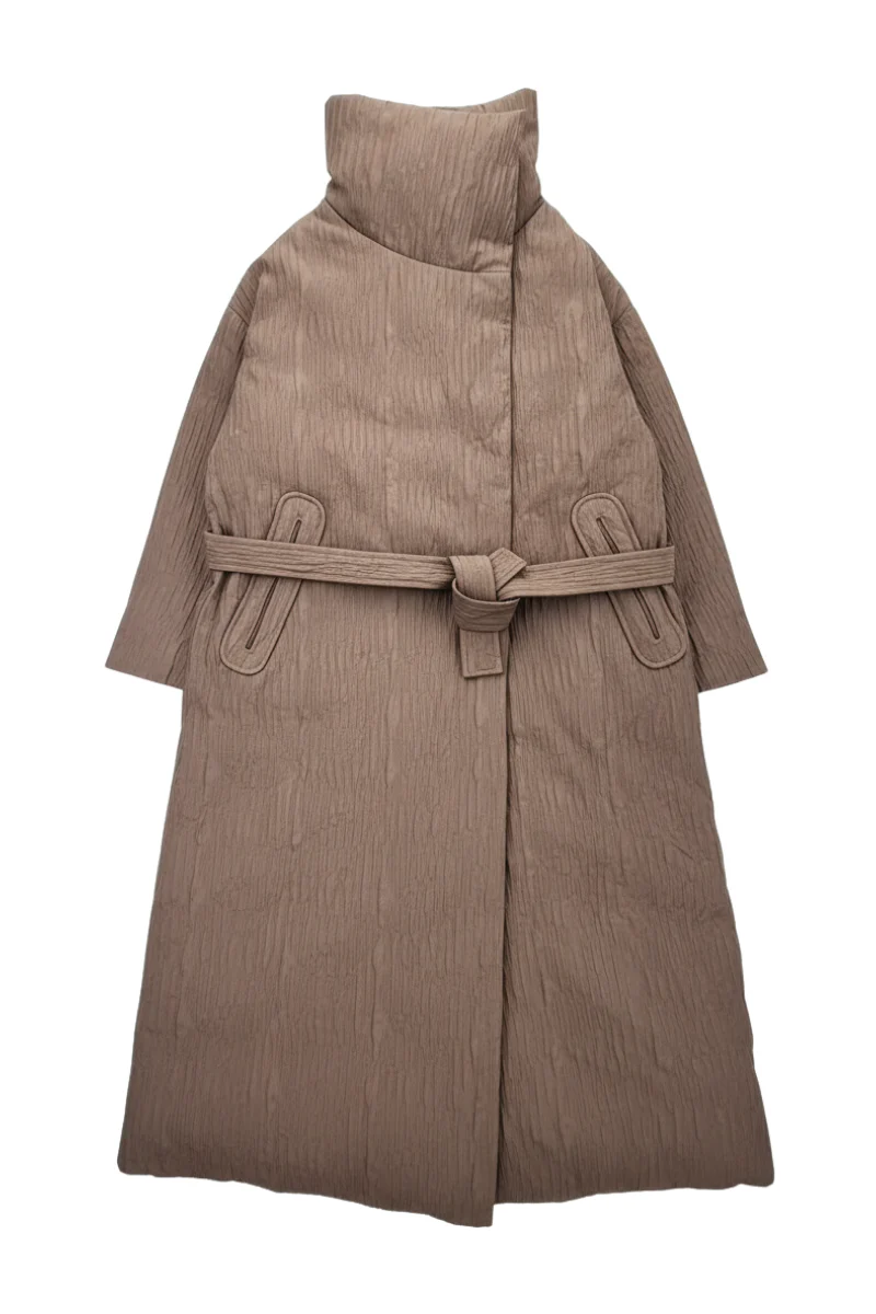 Max Simple Textured Longline Puffer Jacket_Mocca