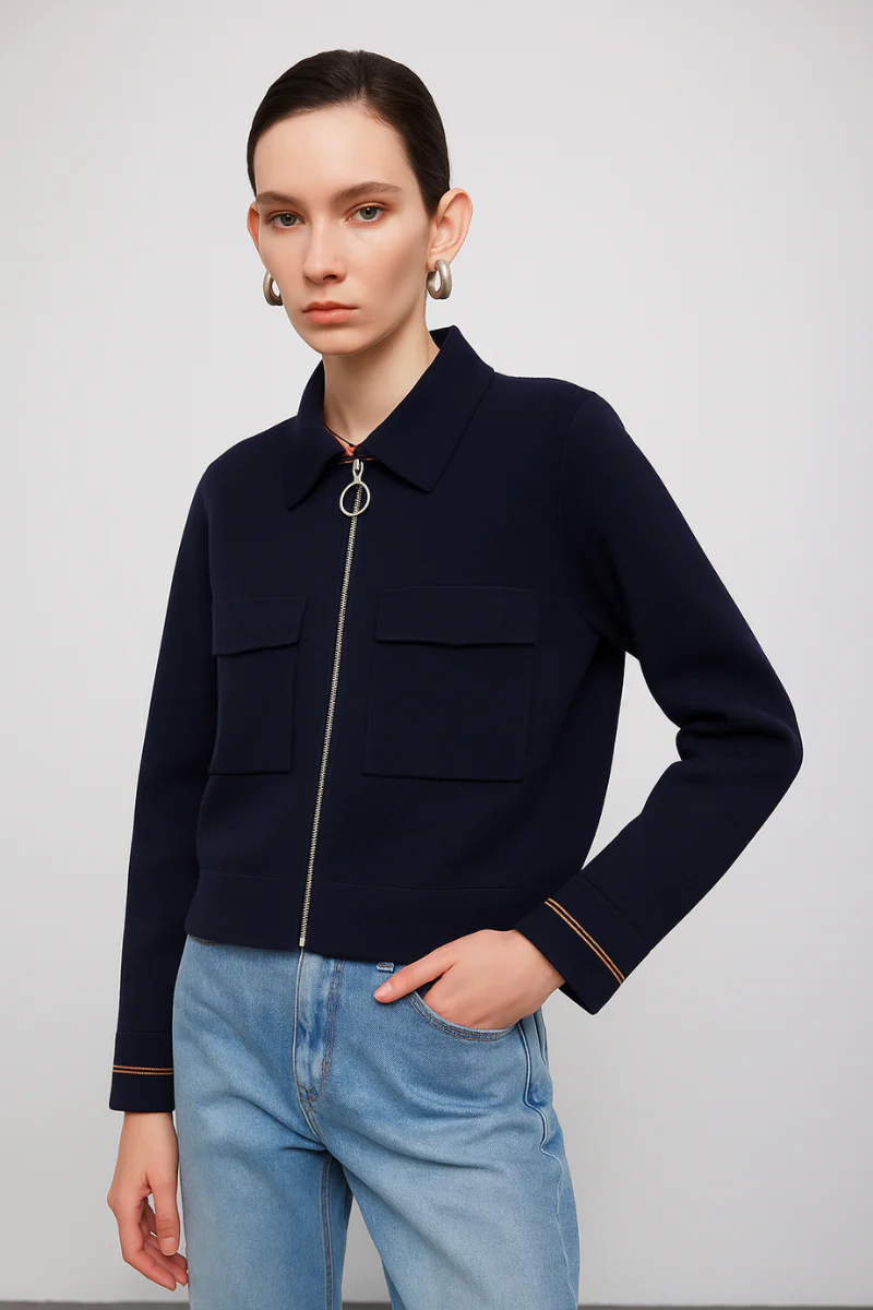 Max Simple Utility-Style Wool Zip Jacket Navy