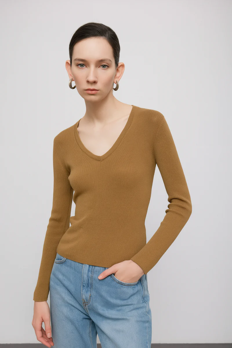 Max Simple V Neck Wool Sweater Camel