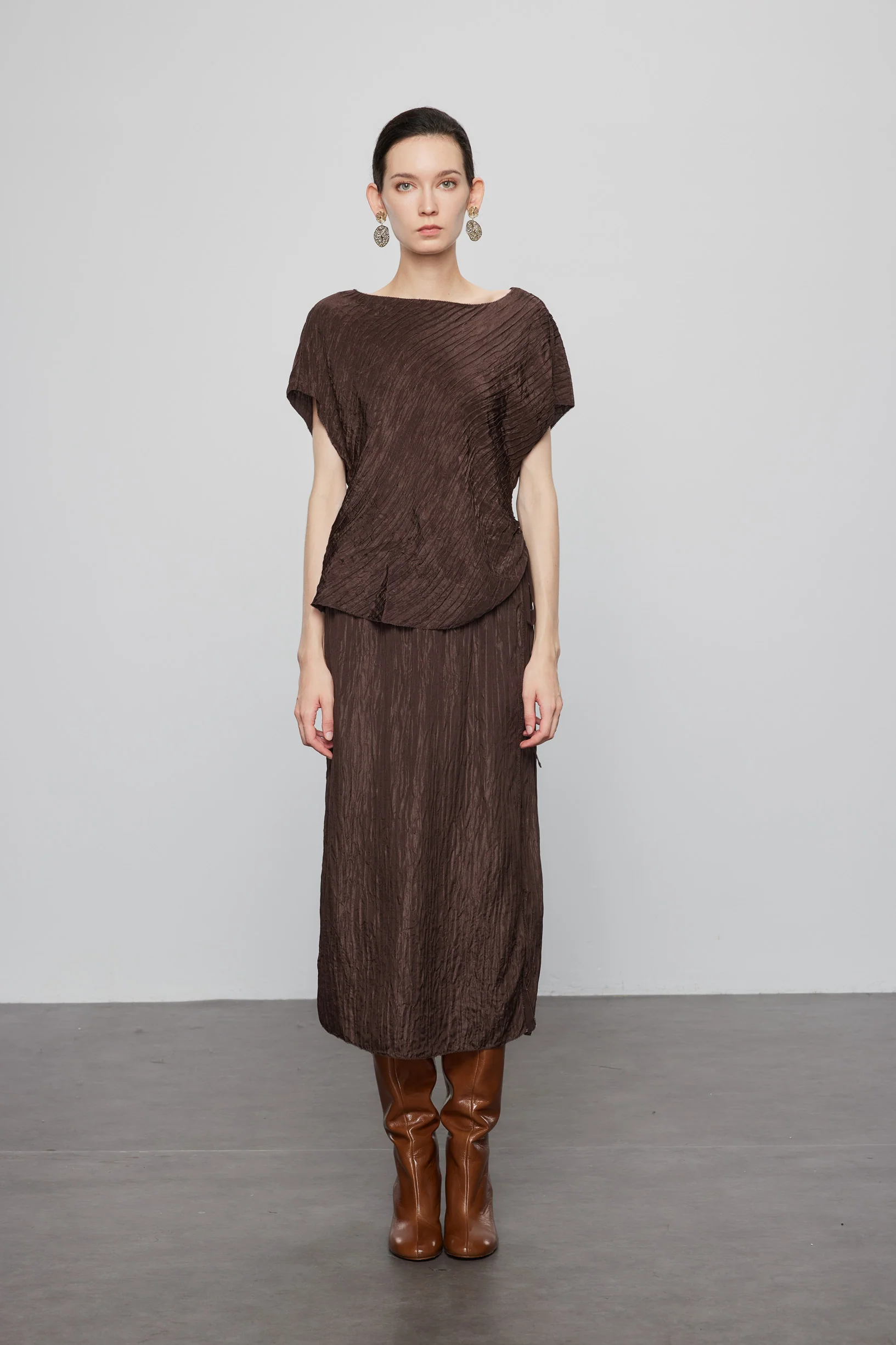 Max Simple Woodgrain Pleated Silk Skirt Brown