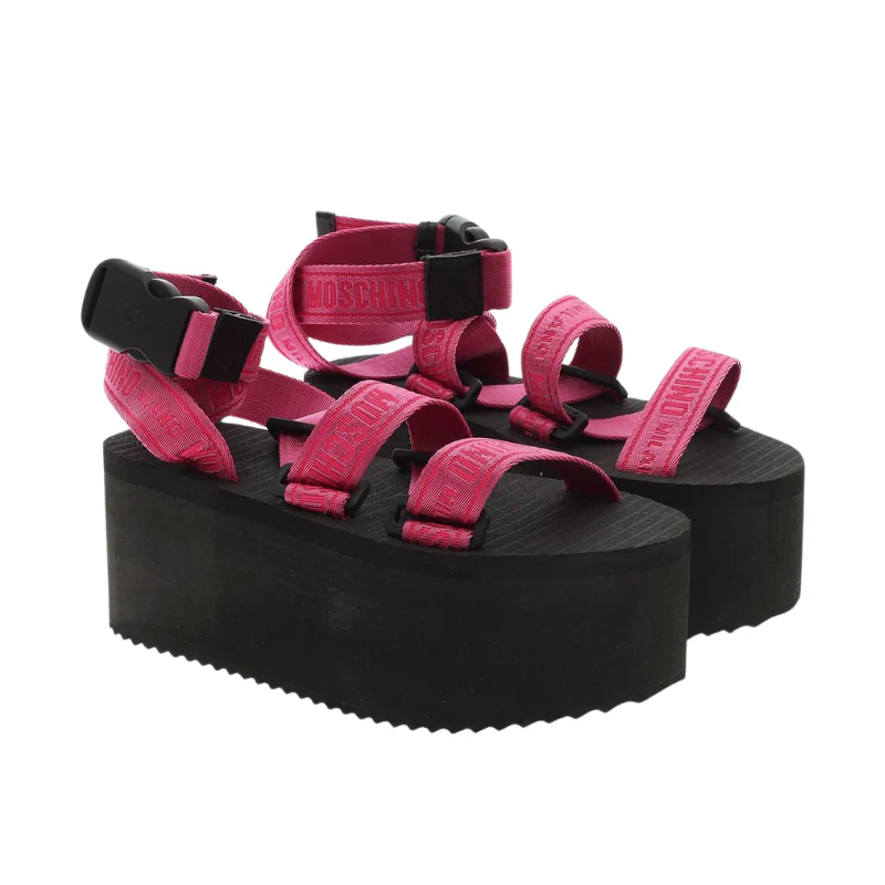 Moschino Logo Tape Wedge Sandals (Pink/Black & Black/White) - Image 5