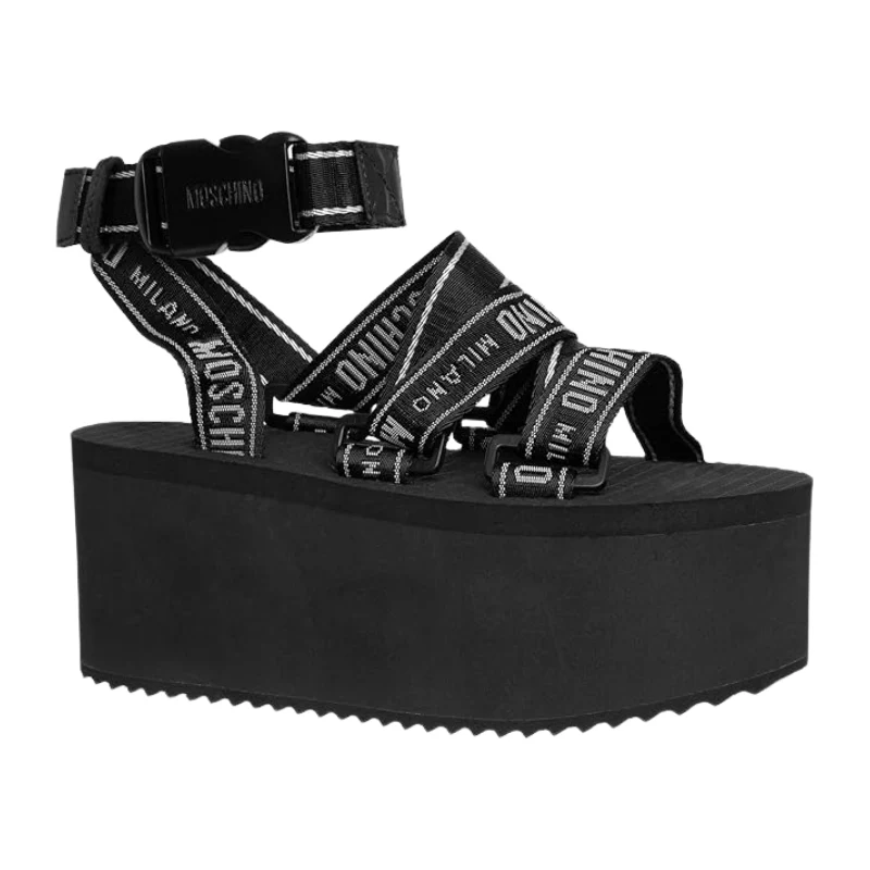 Moschino Logo Tape Wedge Sandals (Pink/Black & Black/White) - Image 7