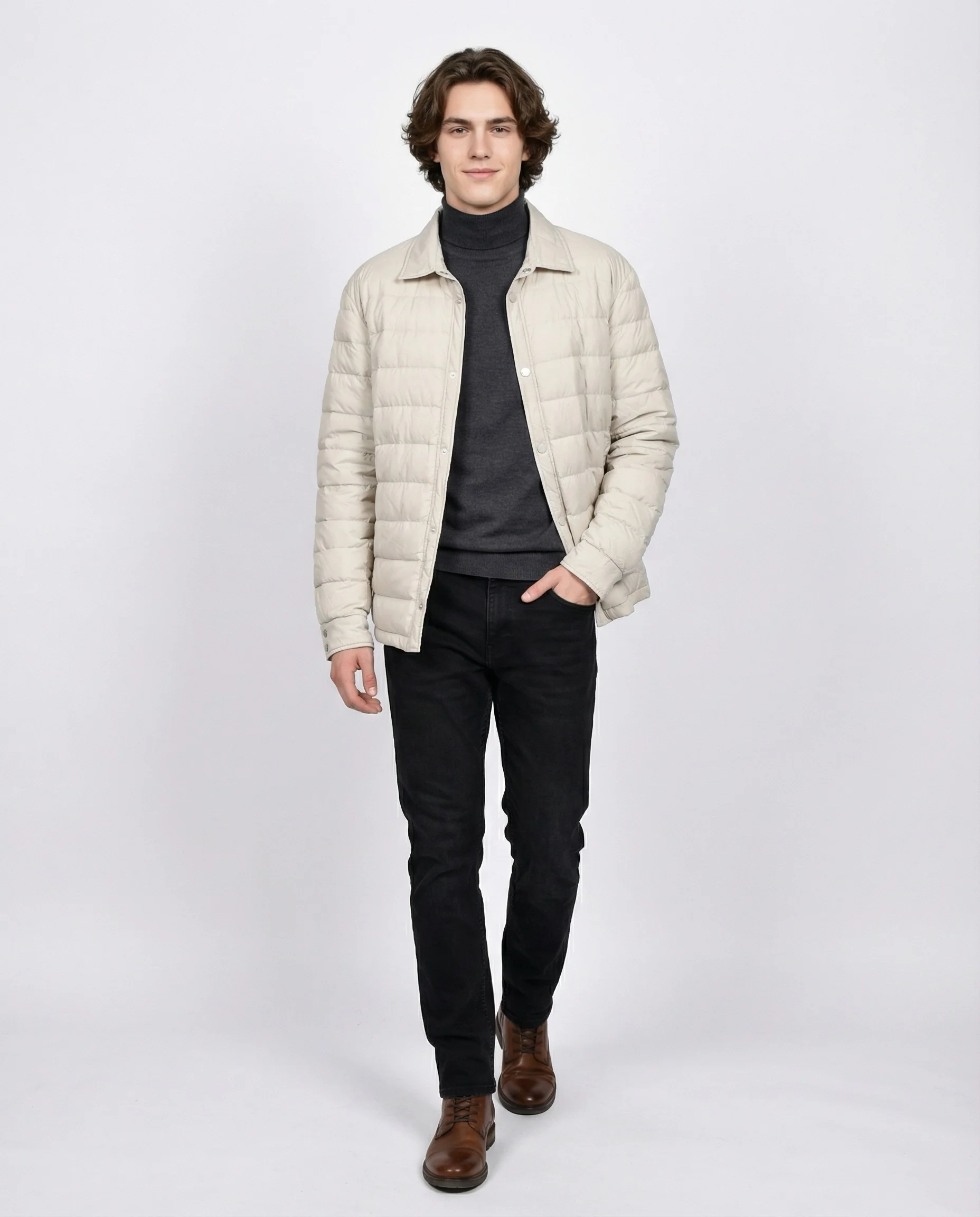 PESERICO MEN'S BEIGE QUILTED PUFFER BOMBER JACKET - Image 2