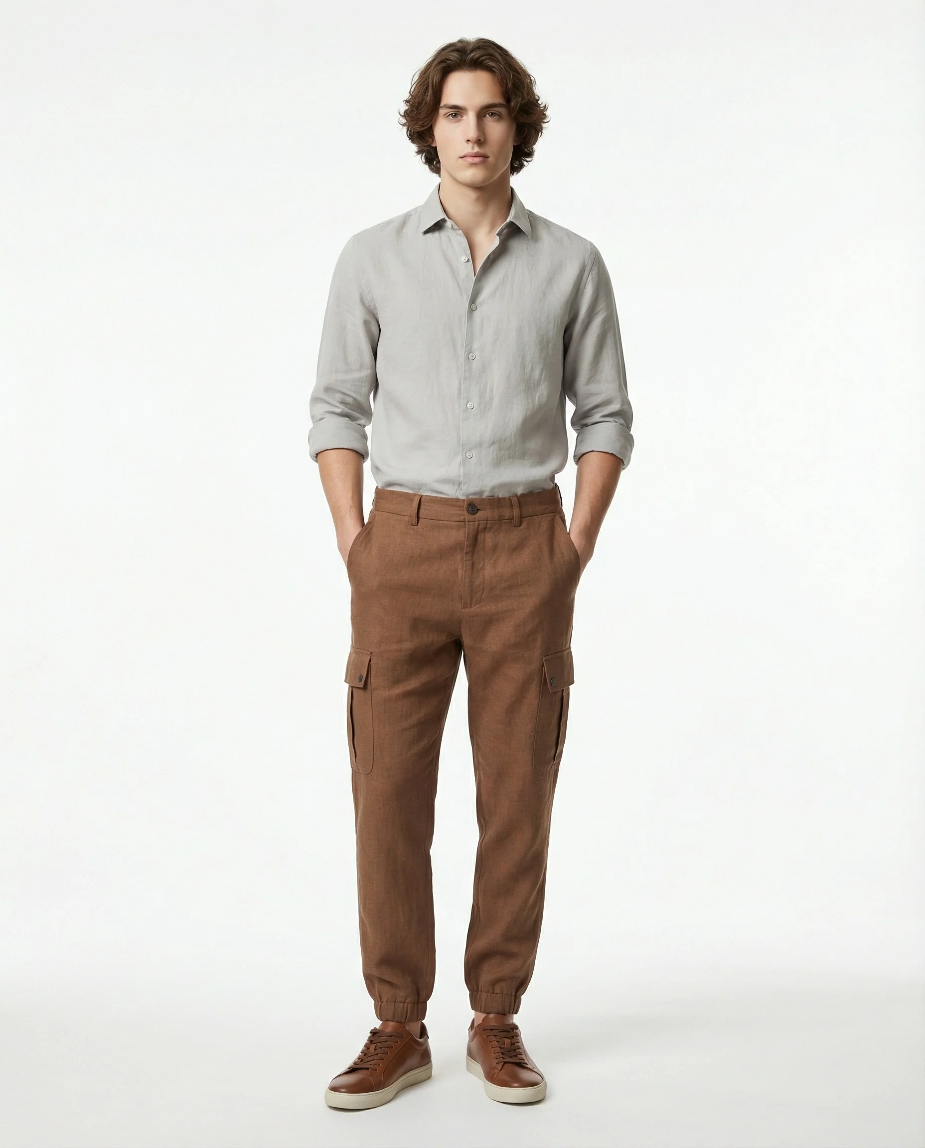 PESERICO MEN'S BROWN LINEN CARGO TROUSERS