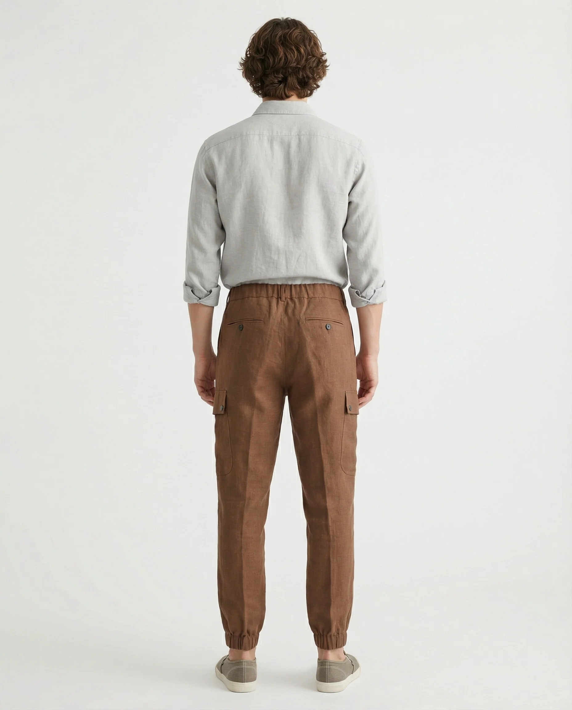 PESERICO MEN'S BROWN LINEN CARGO TROUSERS - Image 2