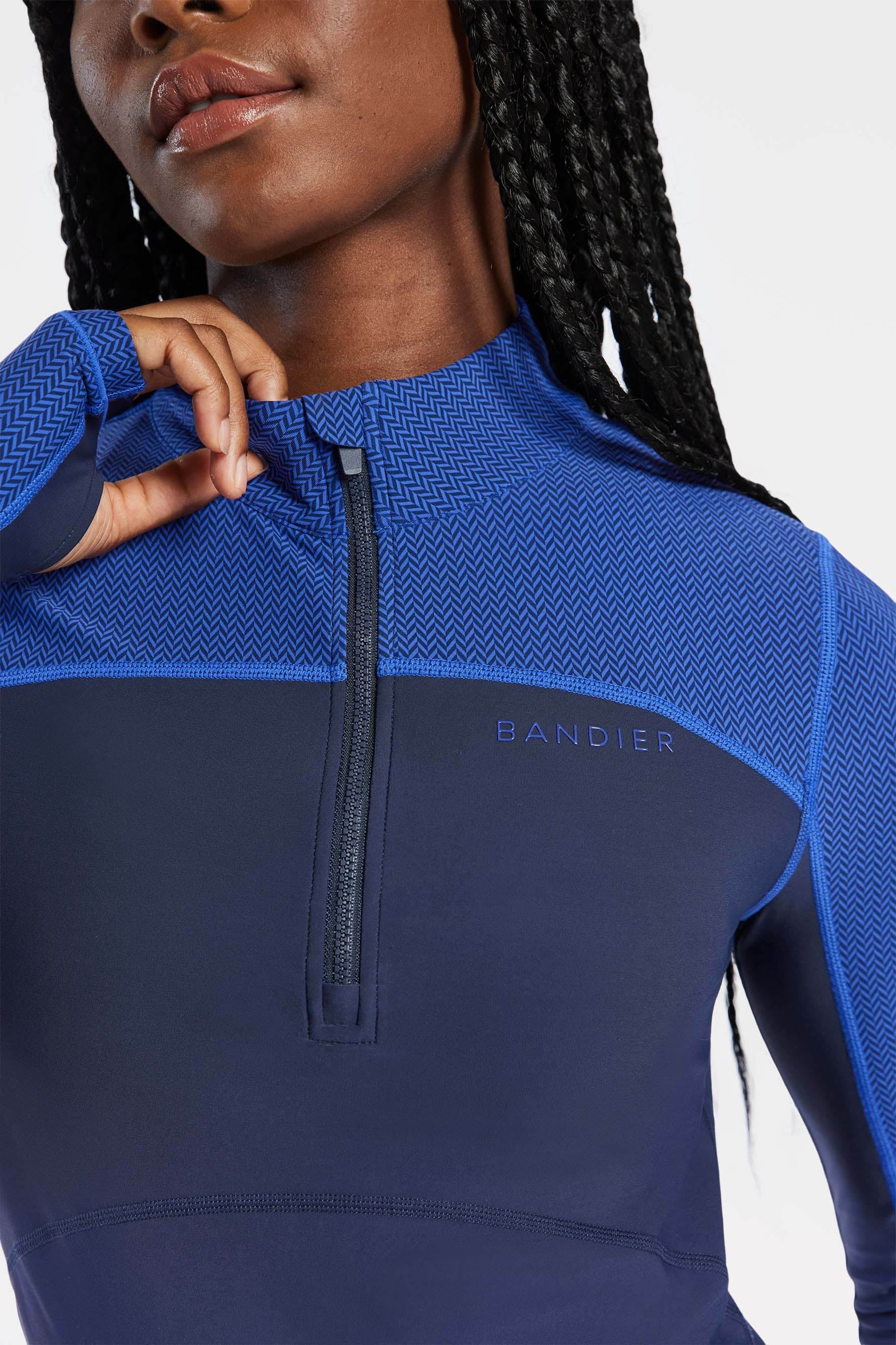BANDIER Pro Fleece 1/4 Zip Color Block Long Sleeve Top - Navy Blazer/blue Herringbone