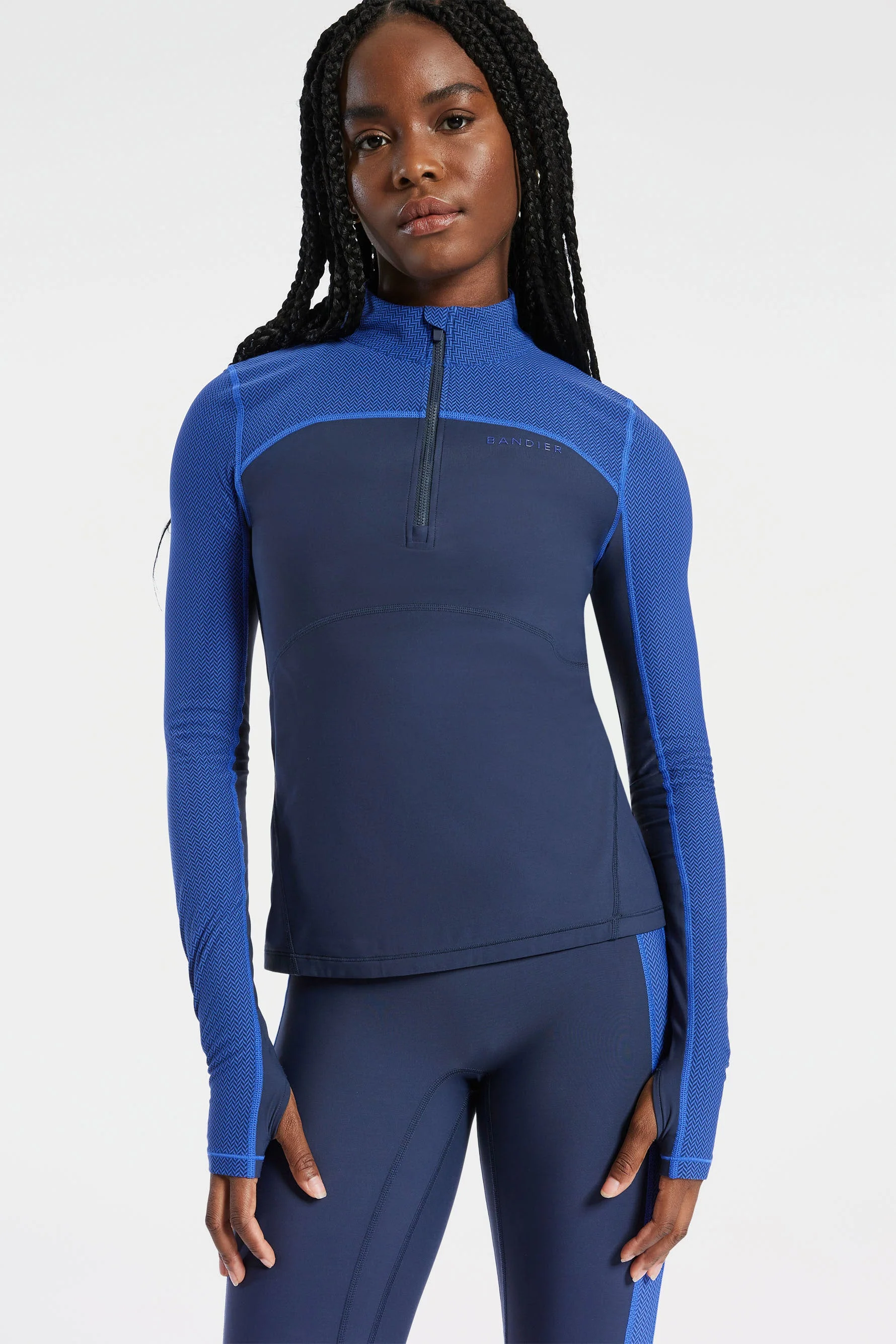 BANDIER Pro Fleece 1/4 Zip Color Block Long Sleeve Top - Navy Blazer/blue Herringbone - Image 5