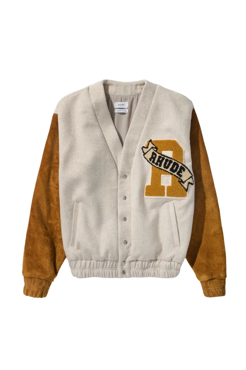 RHUDE Contrasting Sleeves Varsity Jacket - Beige/Tan