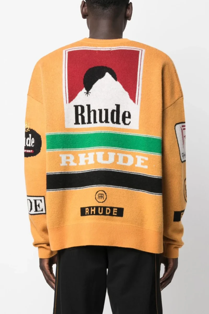 RHUDE Intarsia-knit Crew Neck Jumper - Orange/Multicolour - Image 3
