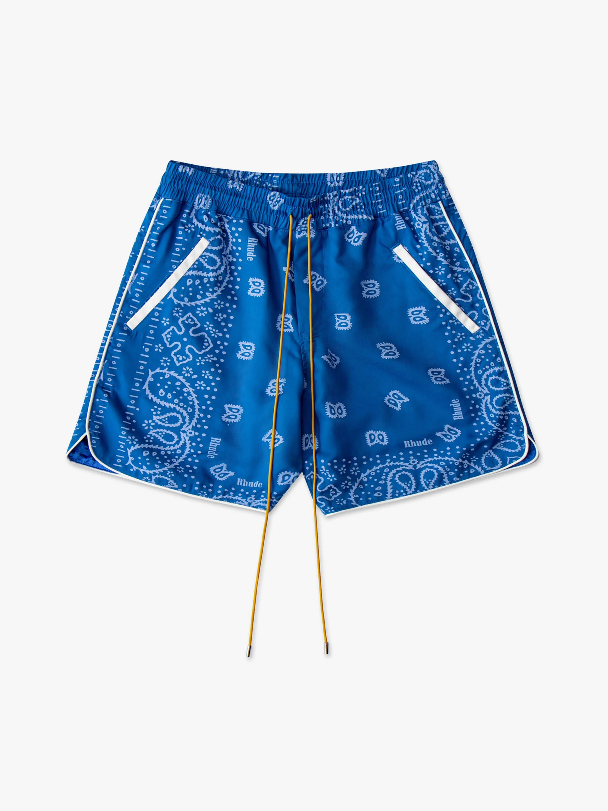 RHUDE MEN'S BLUE BANDANA PRINT TRACK SHORTS