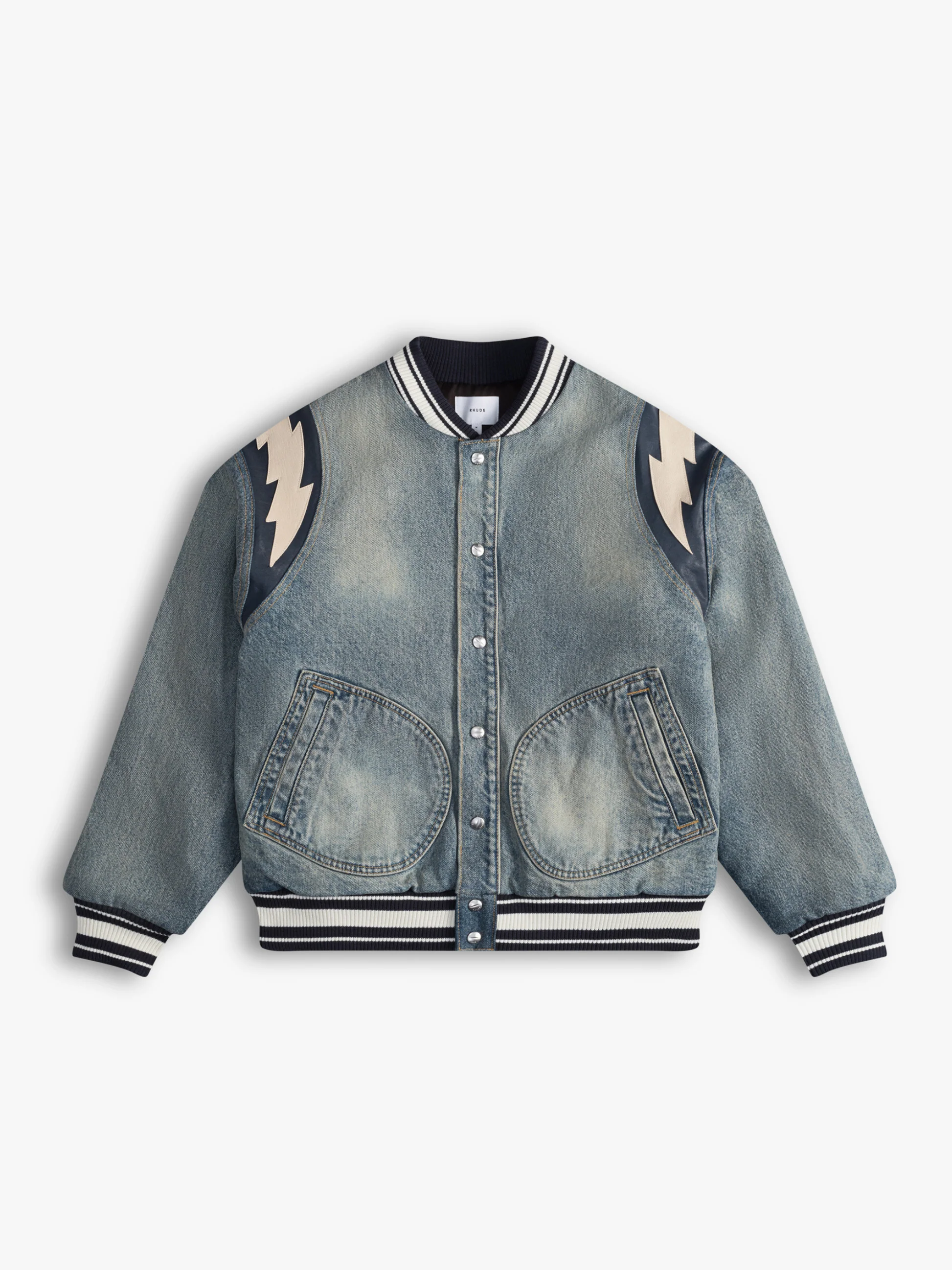 RHUDE MEN'S DENIM LIGHTING VARSITY JA DARK INDIGO NWT