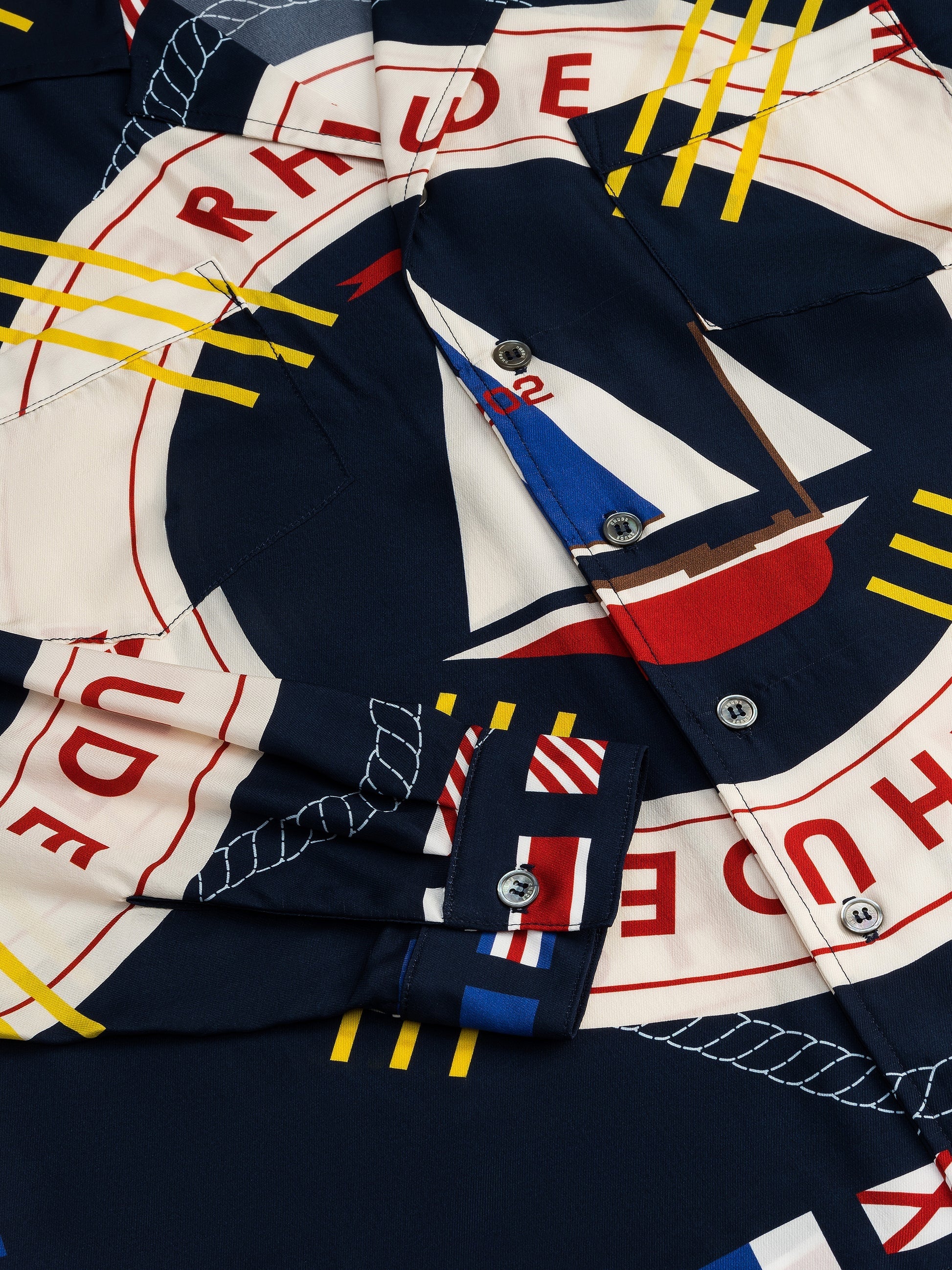 RHUDE MEN'S FLAG SAIL LS SILK S BLUE MULTI NWT - Image 3