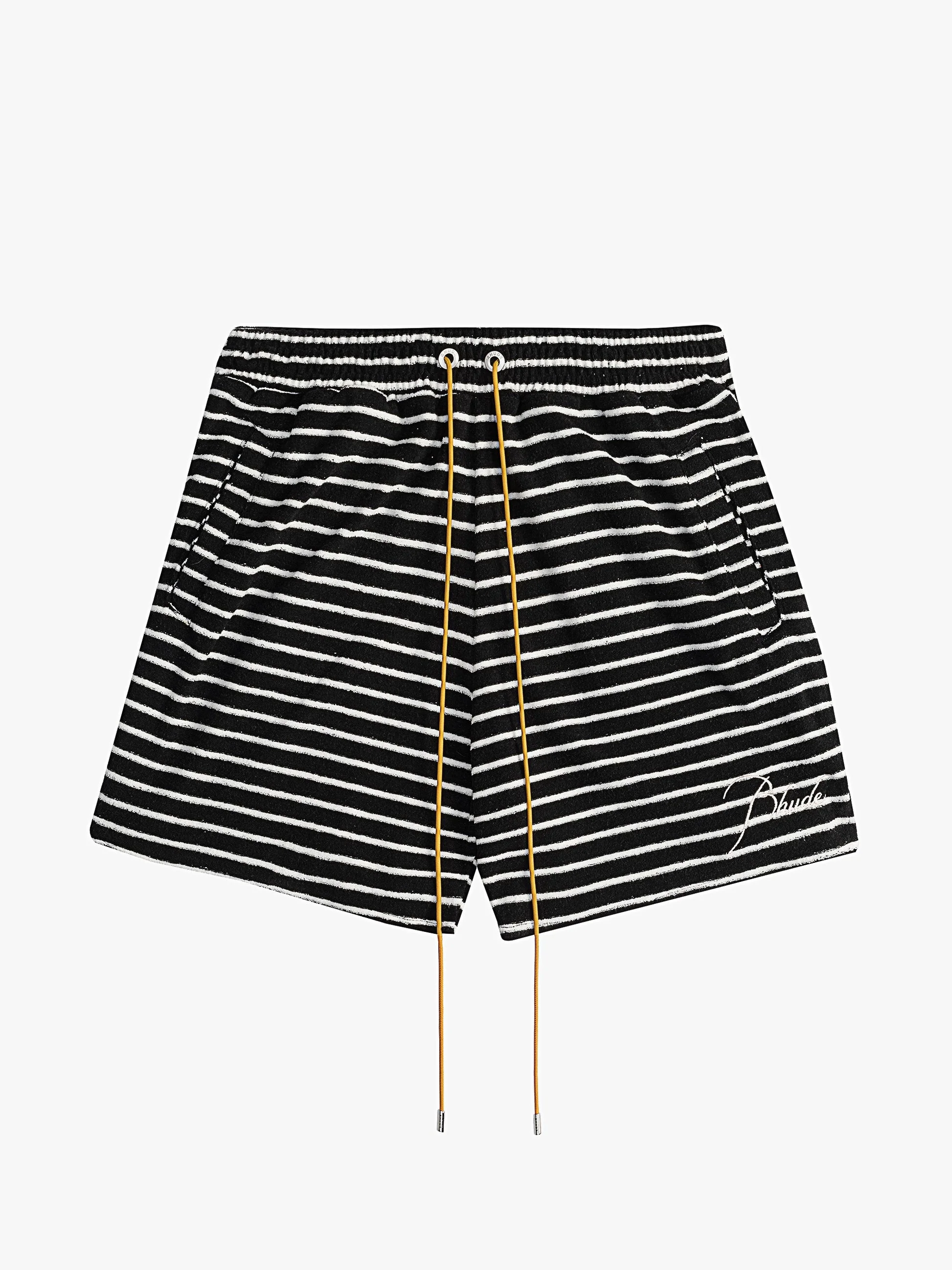 RHUDE MEN'S BLACK STRIPED TOWEL SHORTS