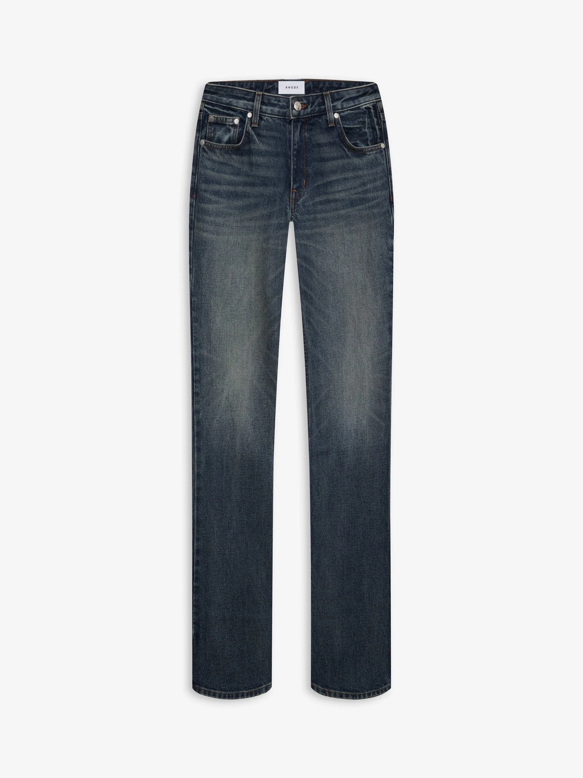 RHUDE WOMEN'S DARK INDIGO LOW-WAIST FLARE JEANS