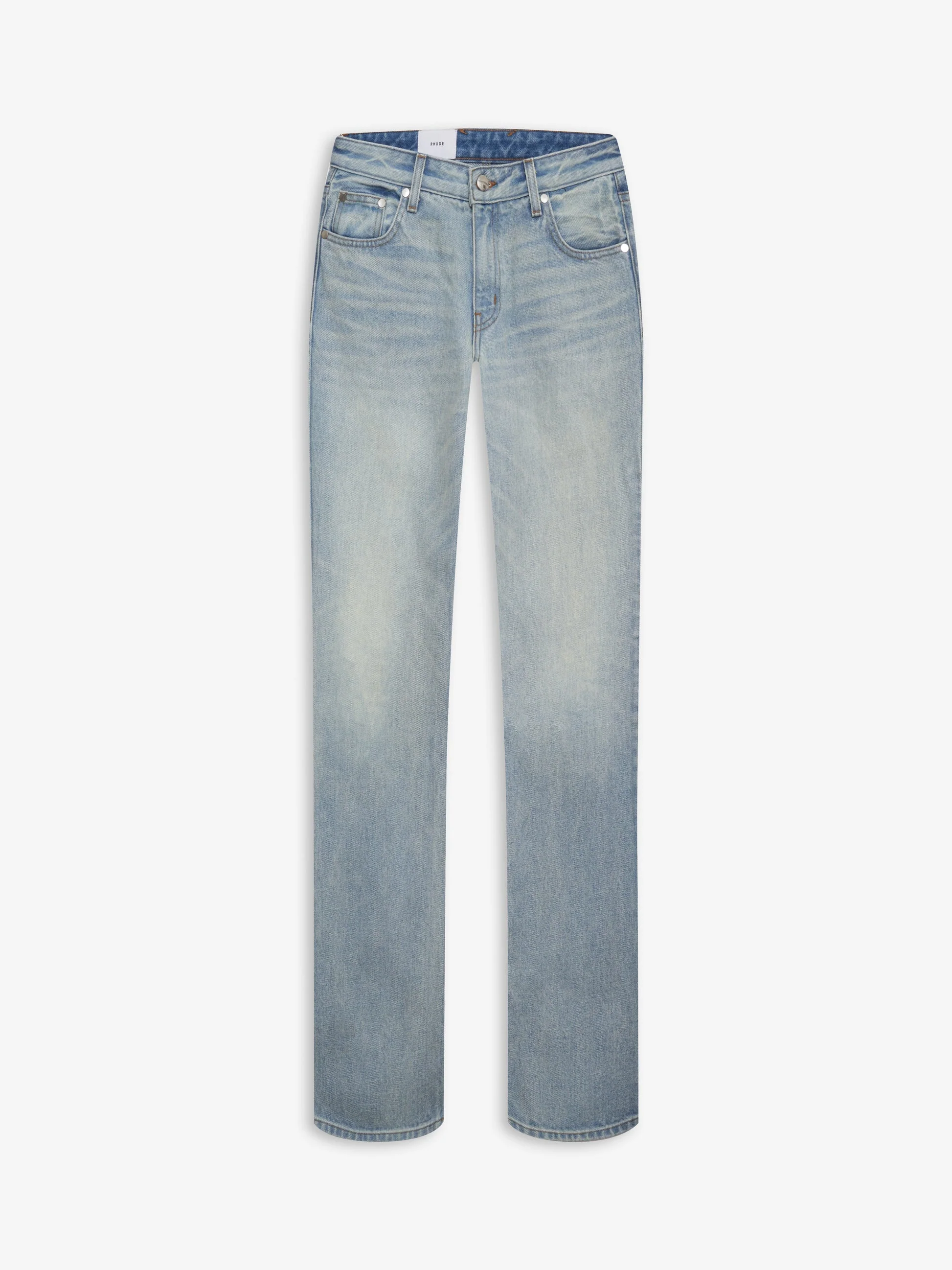 RHUDE WOMEN'S LOW-WAIST FLARE DENIM LIGHT INDIGO NWT
