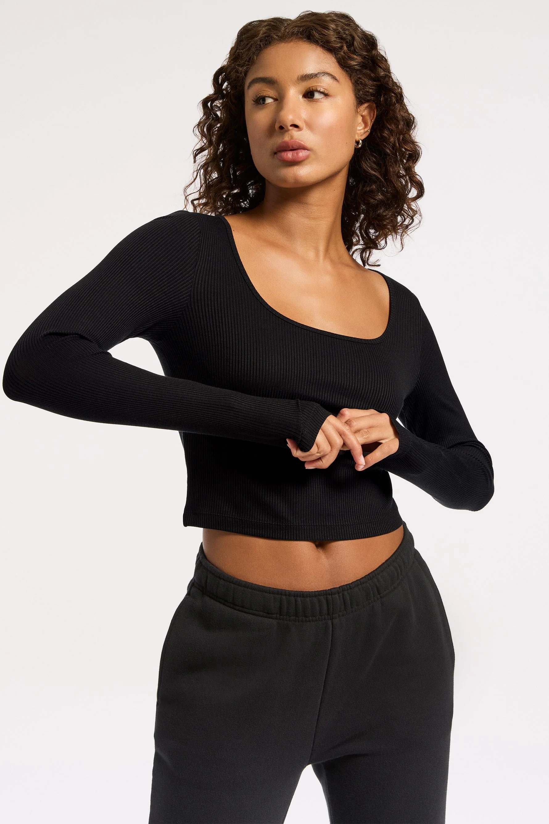 BANDIER Rivington Ribbed Long Sleeve Scoop Neck Crop Top BW202204- Black - Image 7