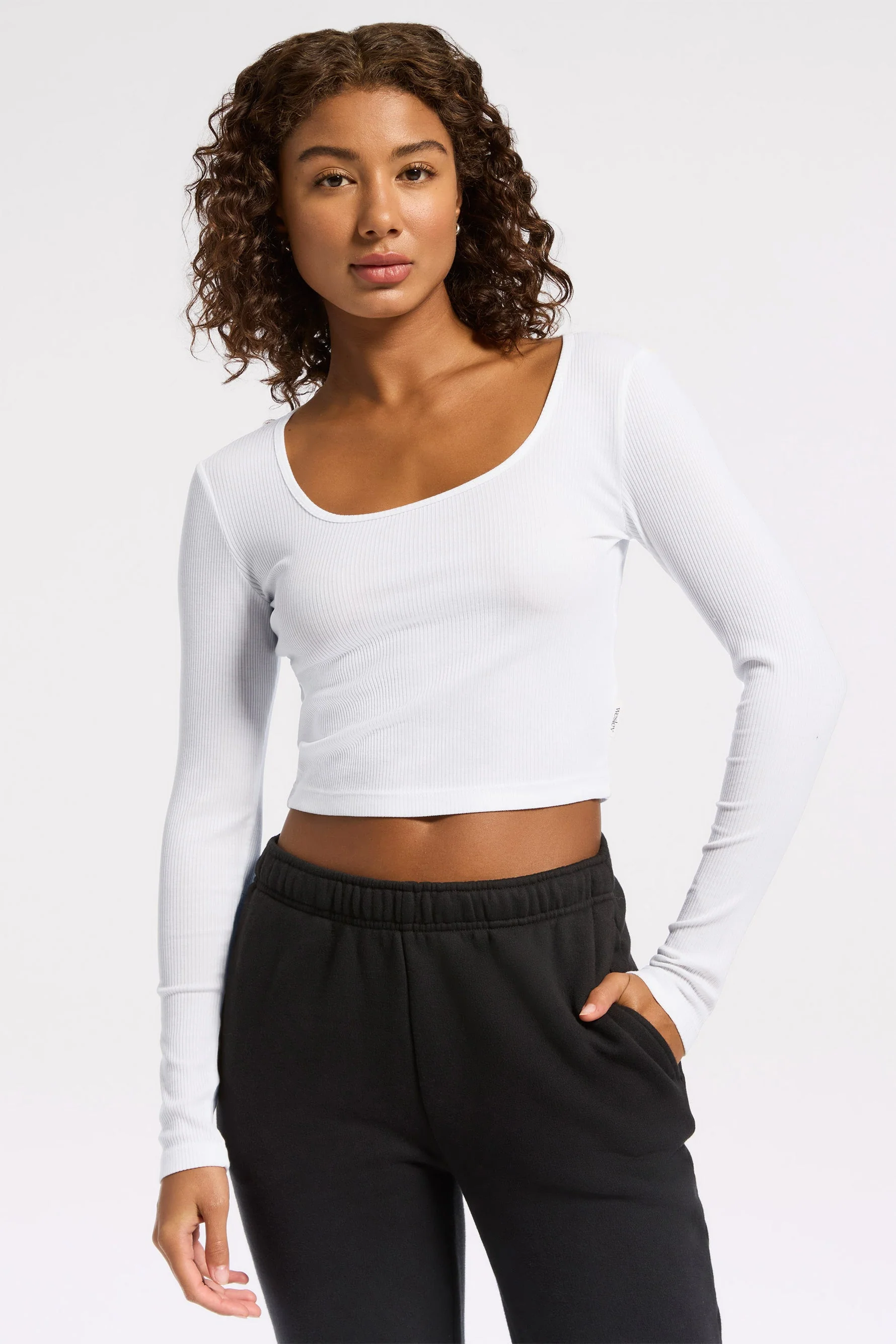 BANDIER Rivington Ribbed Long Sleeve Scoop Neck Crop Top - White BW202204 - Image 5