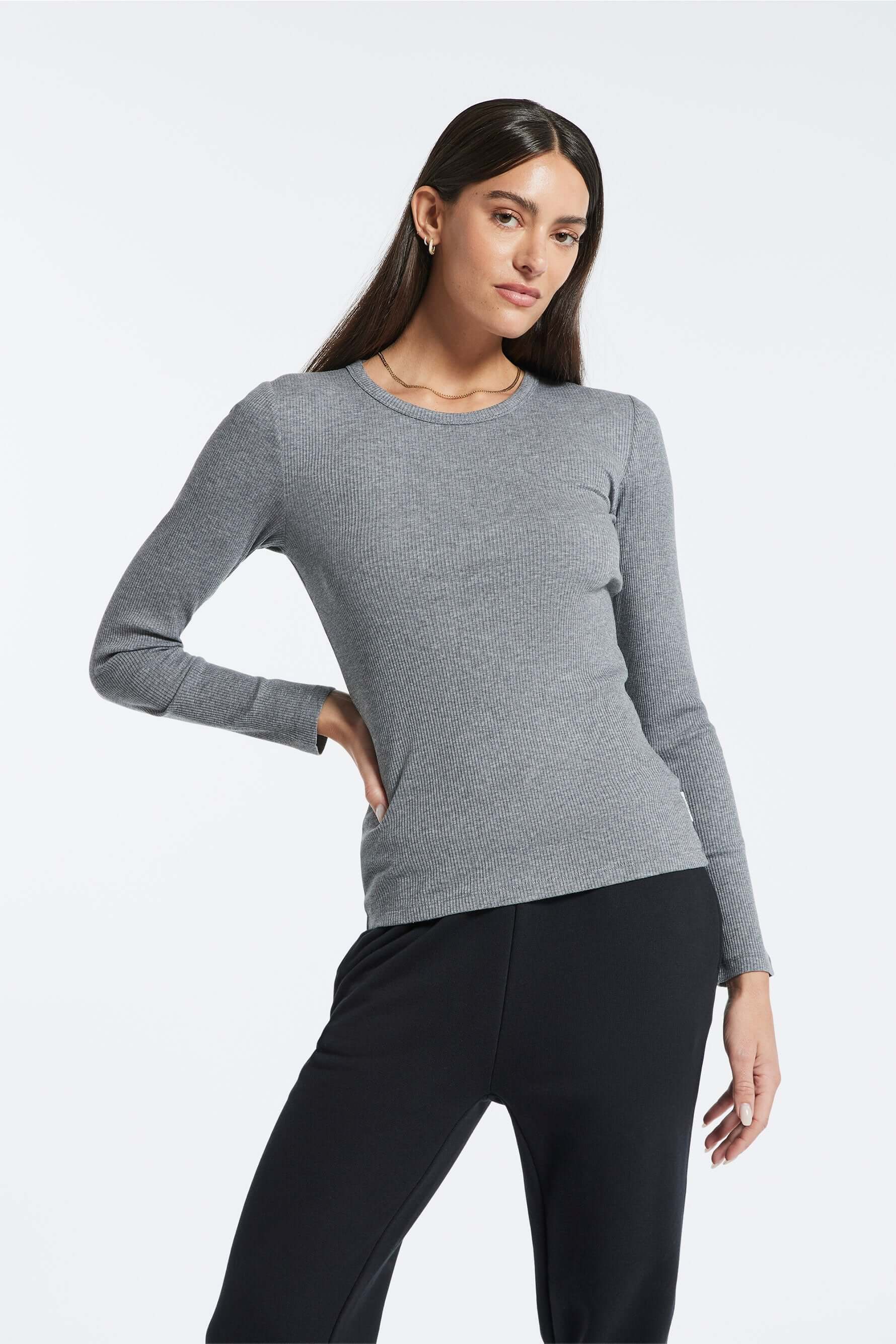 BANDIER Rivington Ribbed Long Sleeve Top - Heather Grey BW202137 - Image 3