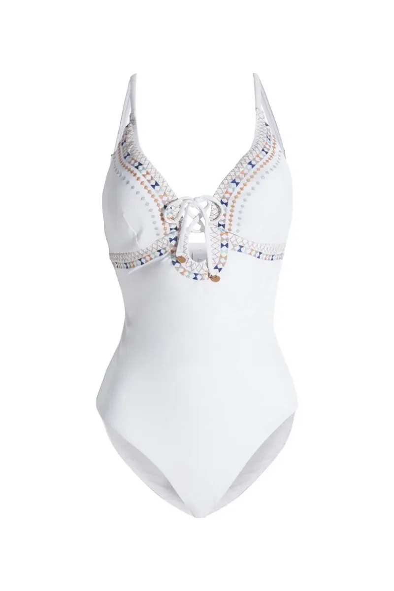 Tigerlily Elle Lace-Up Embroidered Swimsuit In White