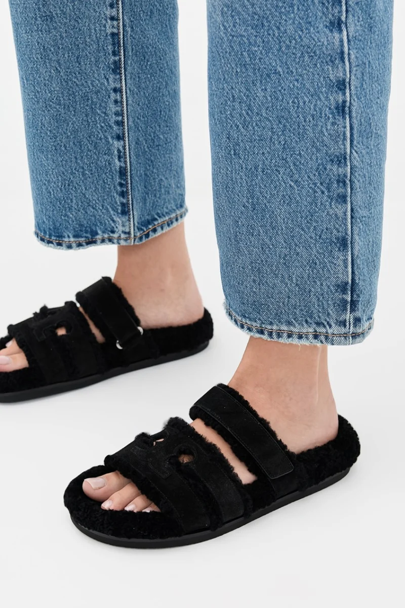 Tory Burch Ines Shearling Sport Slides in Black - Image 2