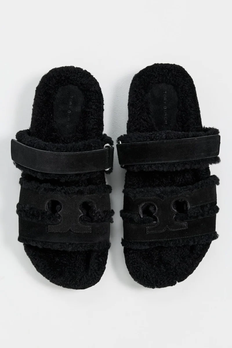 Tory Burch Ines Shearling Sport Slides in Black - Image 3