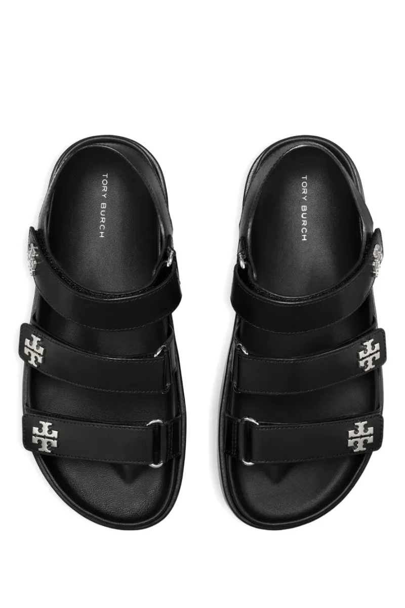 Tory Burch Kira Sport Triple-Strap Sandals in Black Leather with Silver Logo - Image 3