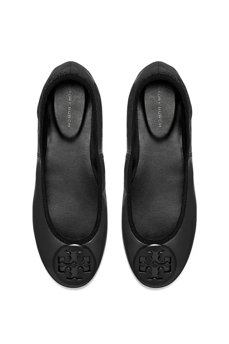Tory Burch Reva Travel Ballet Flats in Black Leather with Black Logo - Image 3