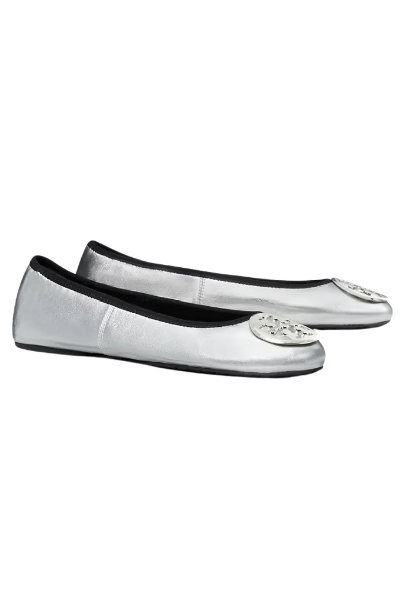Tory Burch Reva Travel Ballet Flats in Metallic Silver Leather - Image 2