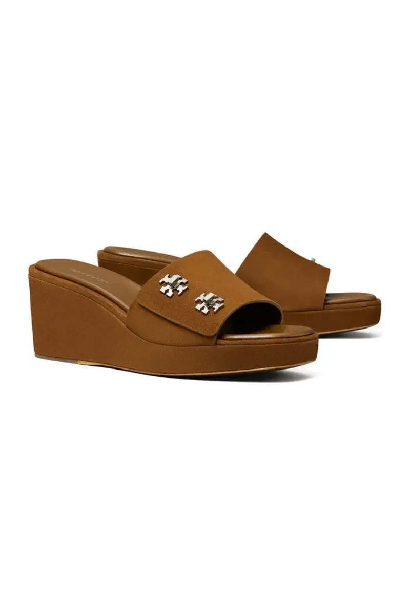 Tory Burch Turnlock Wedge Sandals in Cognac Brown Suede - Image 2