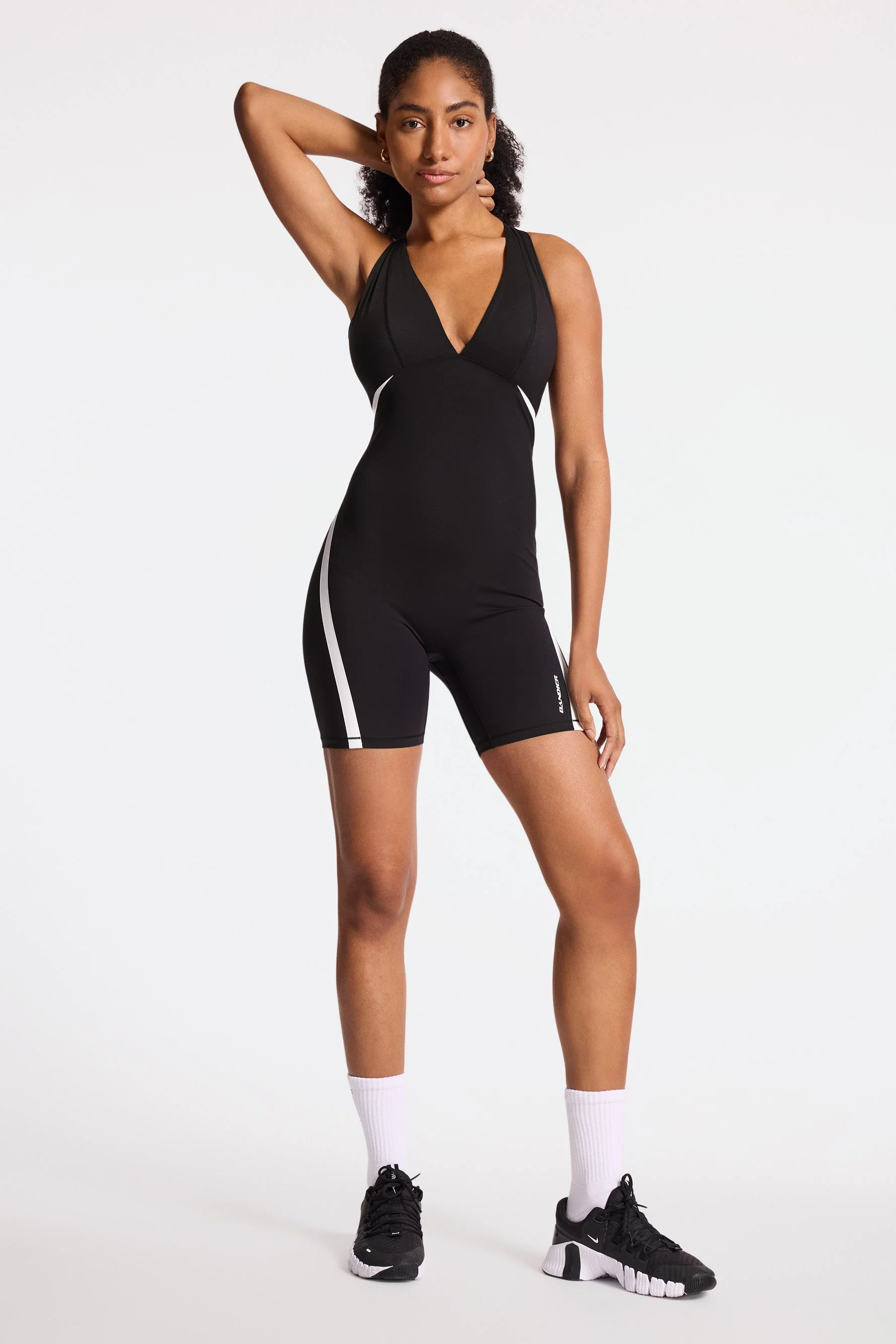 BANDIER V-Neck Plunge Contrast Short Catsuit - Black/white BND10257 - Image 14