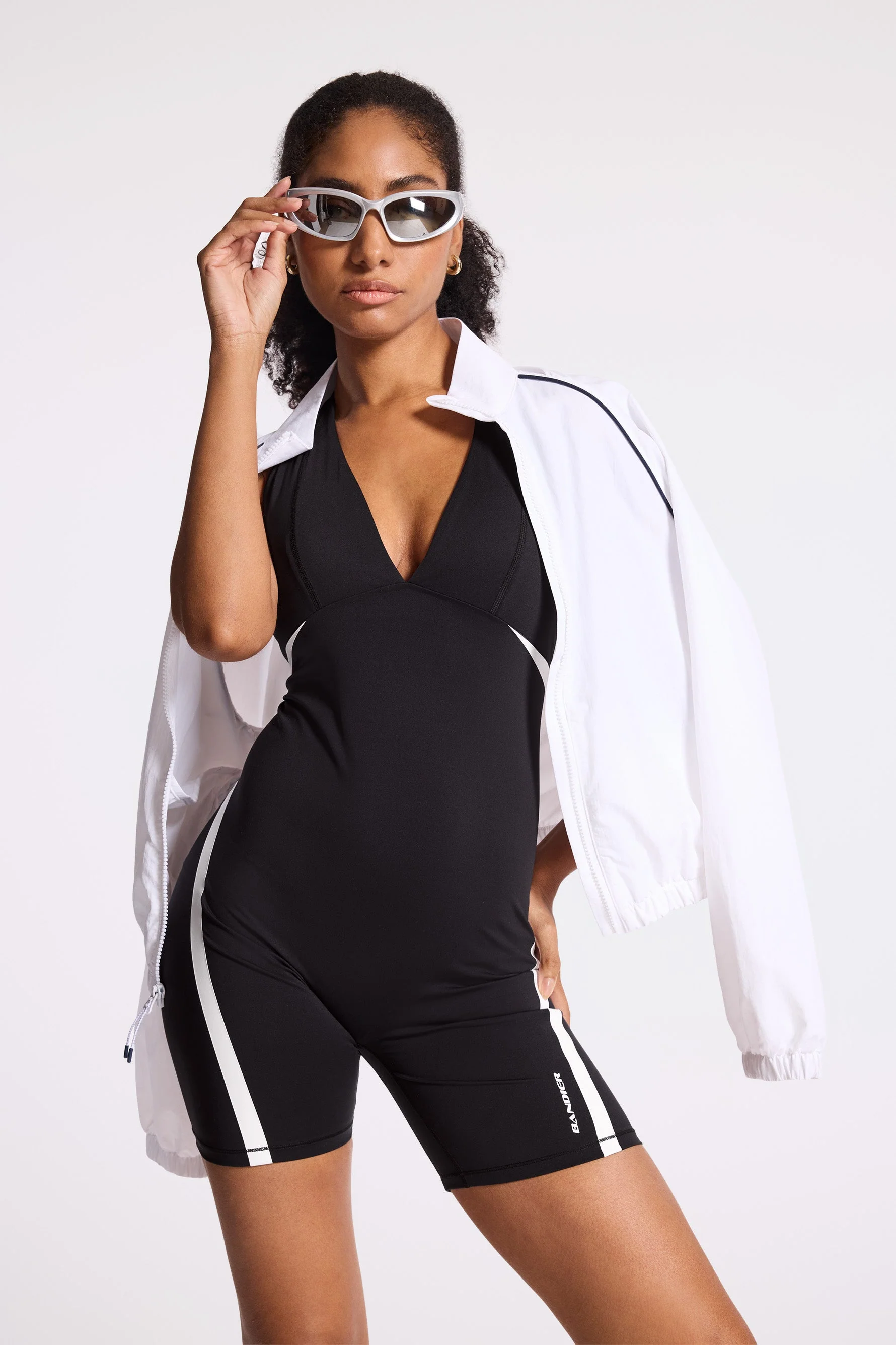 BANDIER V-Neck Plunge Contrast Short Catsuit - Black/white BND10257 - Image 9