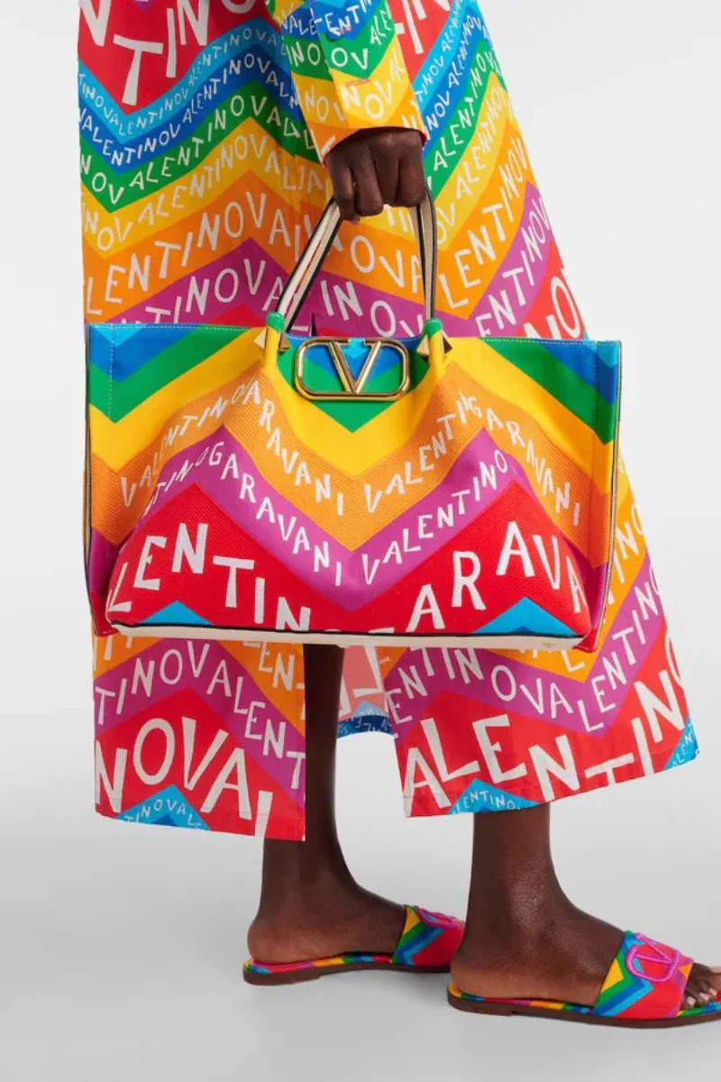 Valentino Garavani Canvas Chevron24 Embroidered Vlogo Medium Escape Shopping Bag Multicolor - Image 2