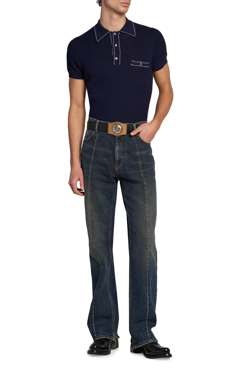 Versace Cotton Polo Sweater-Navy - Image 2