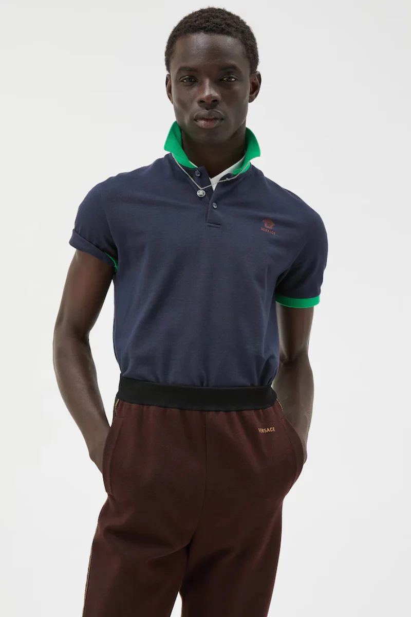 Versace Logo Embroidered Pique Polo Shirt-Green - Image 2