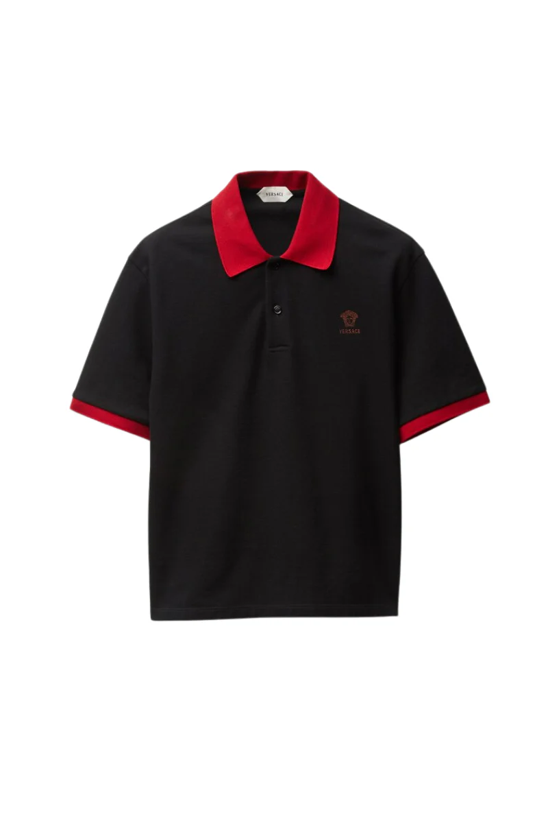 Versace Logo Embroidered Pique Polo Shirt-Red