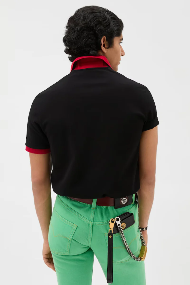 Versace Logo Embroidered Pique Polo Shirt-Red - Image 3